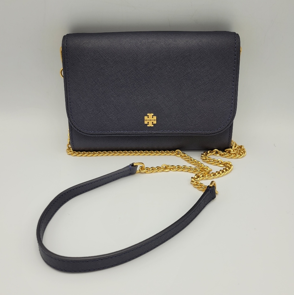 Tory Burch Navy Saffiano Leather Crossbody Wallet on Chain